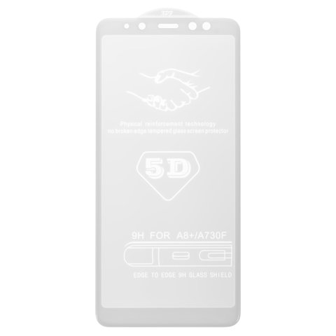 Tempered Glass Screen Protector All Spares compatible with Samsung A730 Galaxy A8+ 2018 , 5D Full Glue, white, the layer of glue is applied to the entire surface of the glass 