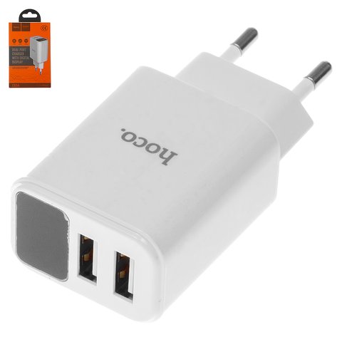 Mains Charger Hoco C63A, 10.5 W, 220 V, 2 USB outputs 5V 2,1A , white, with LCD 