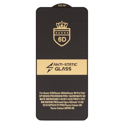 Захисне скло ESD 6D для Tecno Camon 20; Huawei Nova 8i; Xiaomi 13T, 14, 14T, Poco X6, сумісне з чохлом, Full Glue, Anti Static, без упаковки , чорний