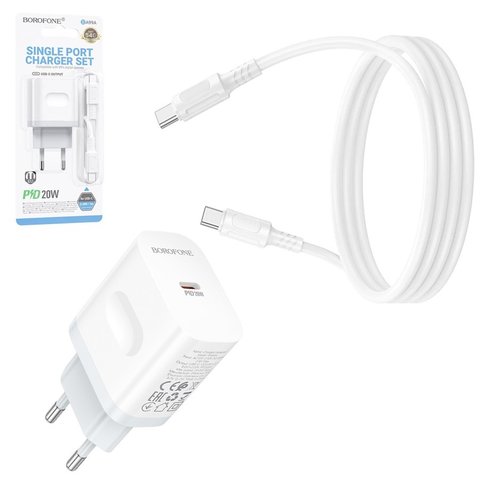 Мережевий зарядний пристрій Borofone BA99A, 20 Вт, Power Delivery PD , білий, з кабелем USB тип C до USB тип C, 1 порт, #6941991121371